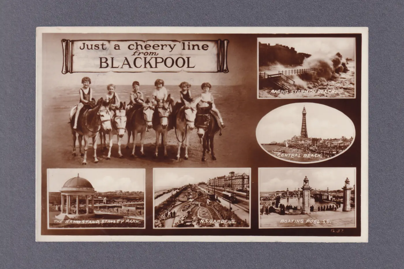A sepia-toned postcard showing multiple views of Blackpool including the Tower and children sitting on Donkeys. The caption reads "Just a cheery line from Blackpool".